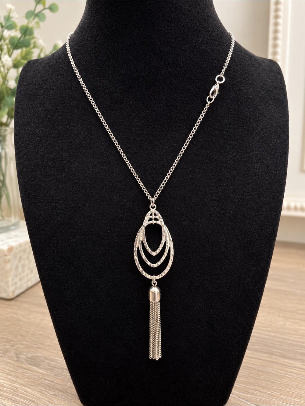 Silver Tone Teardrop Tassel Pendant Necklace Long Chain Statement Jewelry